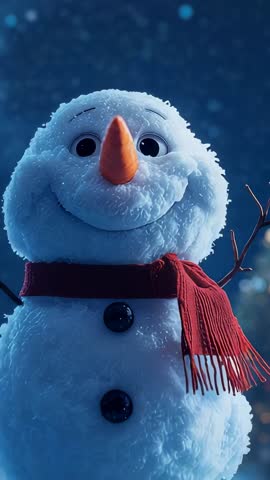 Vertical panning video capturing smiling snowman with red scarf under falling snow