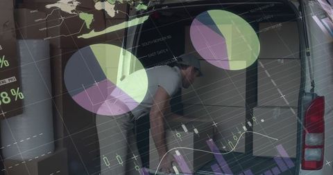 Data Overlay on Delivery Man Packing Van with Boxes