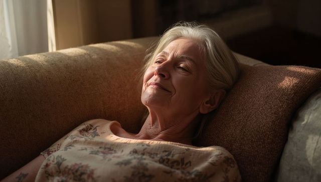 Senior woman relaxing on sunlit sofa during quiet afternoon of reflection