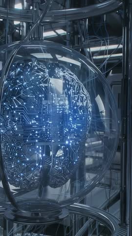 Power signal initiating artificial brain pulsing inside futuristic lab sphere vertical tech video