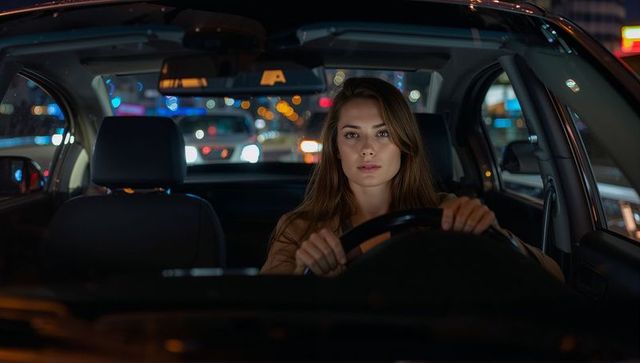 Female driver driving at night in city car cabin gripping steering wheel with bokeh lights