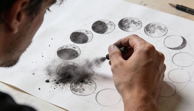 Artist smudging charcoal over detailed moon phase sketch showing lunar shading technique
