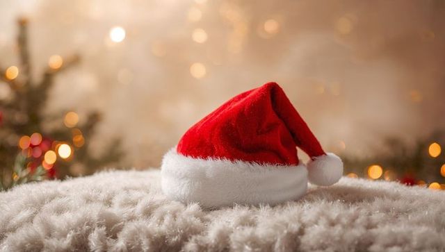 Red Santa Hat Resting on Plush Fur with Warm Christmas Bokeh Lights