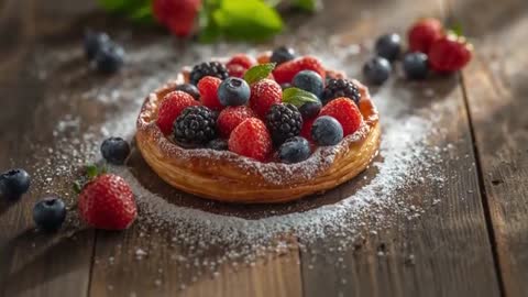 Panning close-up revealing mixed berry tart dusted with powdered sugar on rustic wood