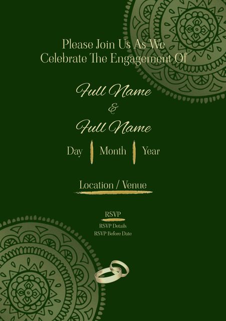 Design showcases elegant Indian patterns with mandala designs on a green background, making it perfect for sending out engagement announcements. The template includes spaces to fill in names, date, location, and RSVP details, adding a traditional and festive touch to the event invitations.