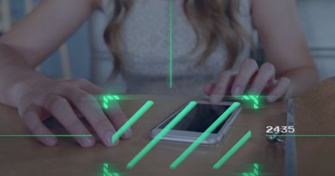 Woman Tapping Smartphone with Augmented Reality HUD Overlay and Neon Holographic Interface