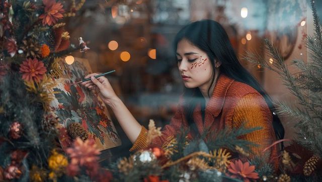 Asian woman painting autumn floral canvas at cozy studio window with dried bouquets