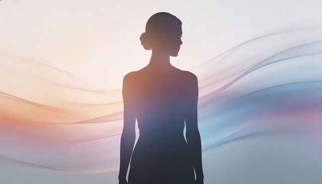 Ethereal backlit woman silhouette with flowing pastel ribbons, minimalist fashion profile
