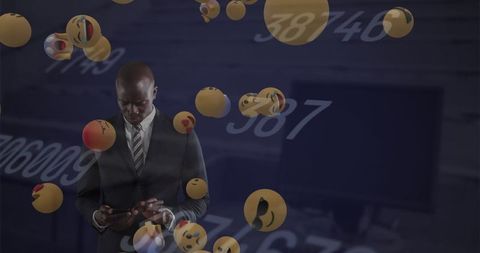 African American Businessman Engaging with Social Media Emojis