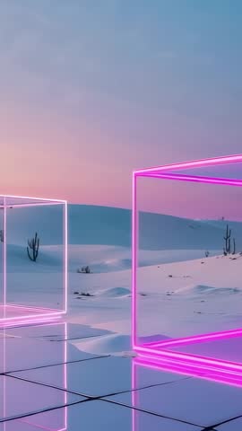 Vertical video panning through neon wireframe cubes over reflective desert dunes at dusk