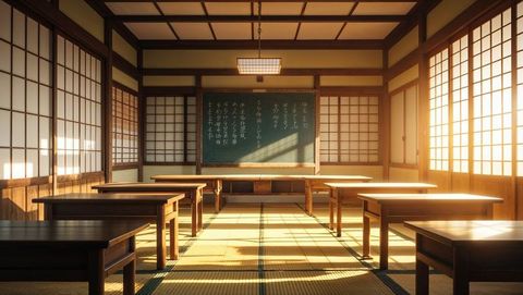 Traditional japanese classroom with shoji windows and chalkboard