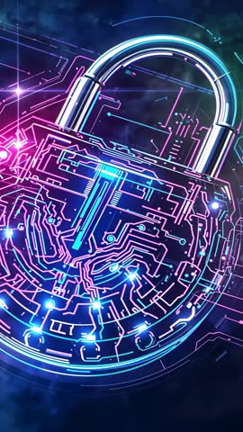 Rotating Neon Cyber Padlock with Pulsing Circuit Core in Dark Nebula Vertical Video