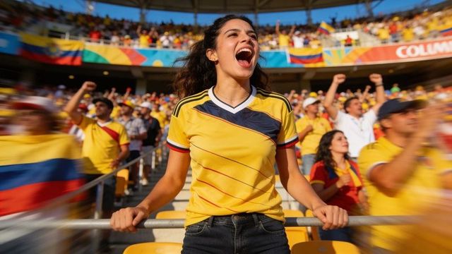 Energetic colombian football fan cheering and waving flags in yellow jersey at vibrant stadium crowd