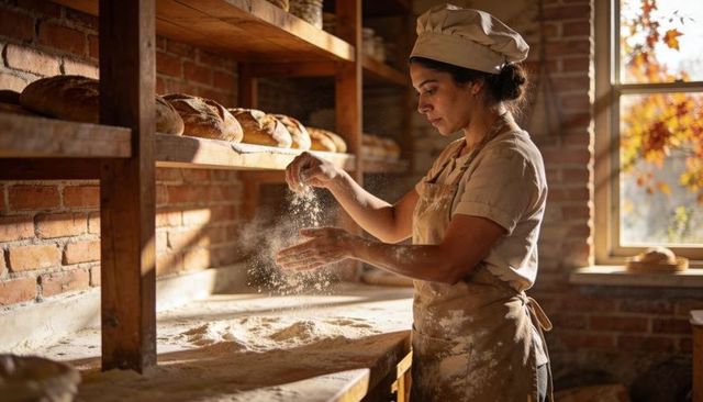 Artisan Baker Dusting Workbench with Flour in Sunlit Rustic Bakery