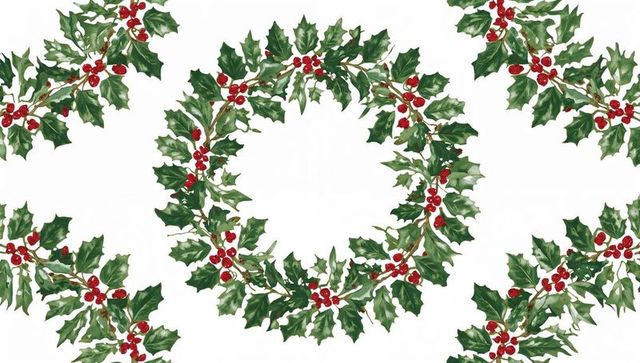 Watercolor Holly Wreath and Sprigs Seamless Pattern with Red Berries on White Holiday Decor