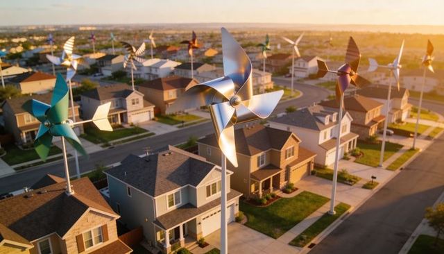Suburban pinwheel turbines catching golden hour light over residential rooftops at sunset