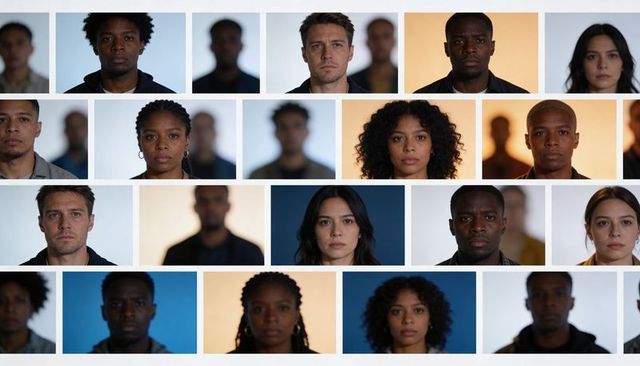 Casting headshot grid mosaic with color backdrops and diverse studio portraits for casting call