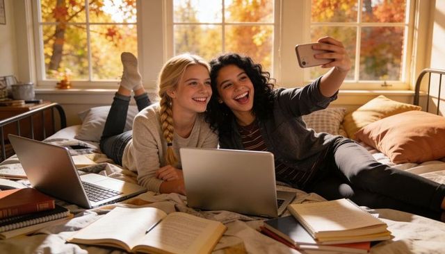 Teen friends studying and taking selfie on bed with laptops and textbooks, autumn light