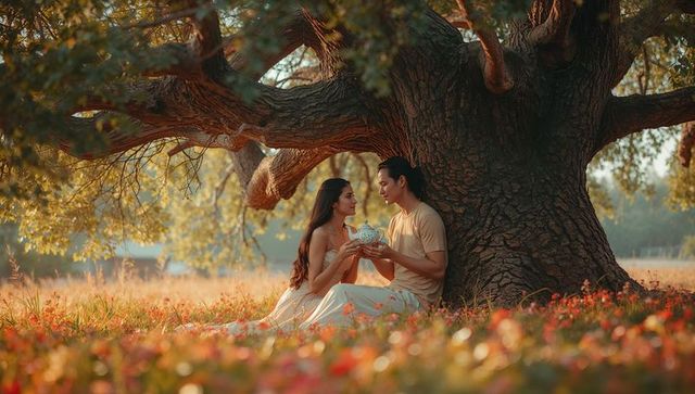 Romantic Couple Enjoying Tea Together Under Tree
