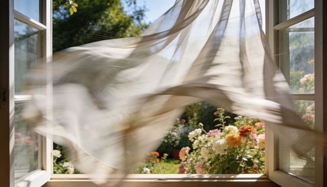 Billowing sheer curtain flowing through open casement window to sunlit flower garden