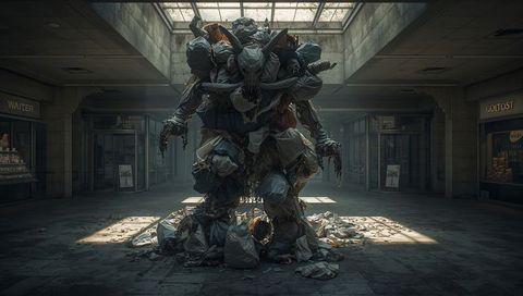 Trash-bag humanoid sculpture looming under skylight in deserted mall concourse