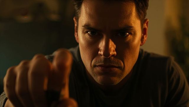 Leaning man reaching toward viewer with intense gaze, dramatic closeup portrait
