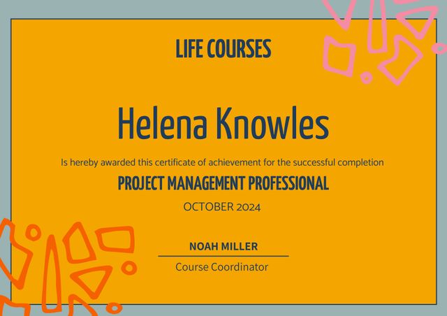 Colorful and modern certificate design showcases achievement in Project Management Professional course. Provides space for the recipient's name and course completion details. Ideal for educational institutions, training programs, and professional development ceremonies. Customizable template suited for recognizing achievements and awarding certifications.