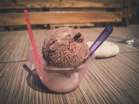 Chocolate ice cream scoop in cup with spoon