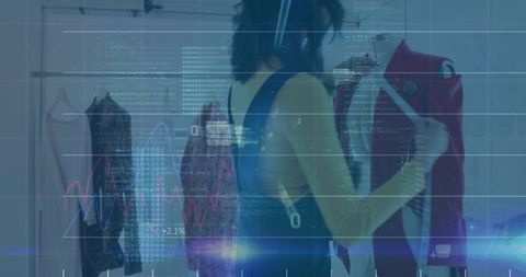 Asian Woman Examining Jacket in Boutique with Digital Data Overlay