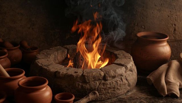 Rustic stone hearth with crackling flame and clay pots for warm vintage kitchen ambience
