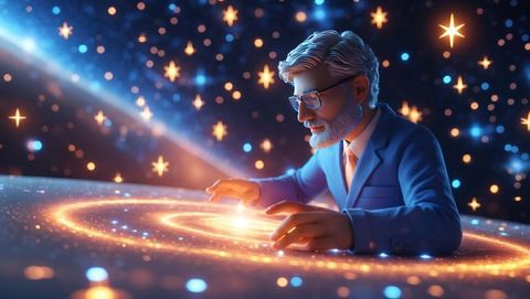 Senior astrophysicist examining holographic galaxy in futuristic lab