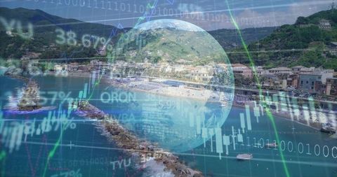 Overlaying global finance data over coastal harbor with candlestick charts and digital globe