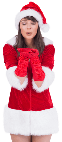 Festive Woman in Santa Claus Outfit Blowing Kiss on Transparent Background