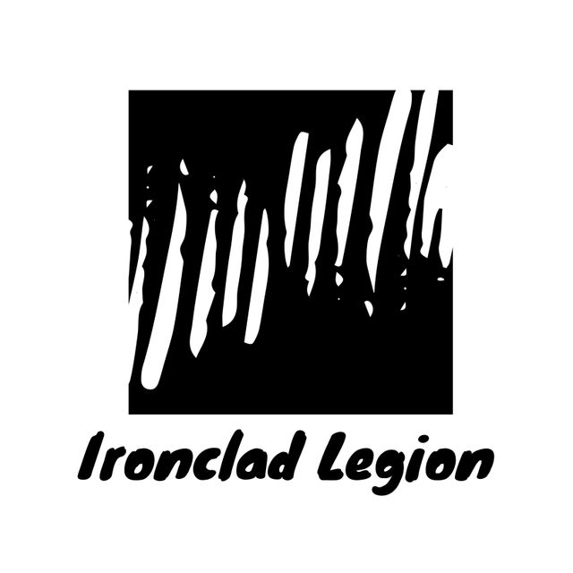 This stylish, professional logo design featuring 'Ironclad Legion' stands out with bold black typography surrounded by a gritty brushstroke rectangle on a minimalist white background. Ideal for branding, corporate identity, advertisement campaigns, website headers, and business presentations, bringing forth strength and unity.