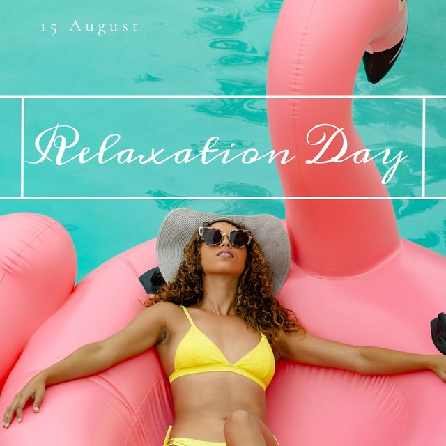 A young biracial woman in a yellow bikini relaxes on a pink flamingo float in the pool, wearing sunglasses and a big hat. Picture taken on 15 August, promoting Relaxation Day. Perfect for summer vacation promotions, relaxation-themed blog posts, leisure travel advertisements, or social media content aiming for tranquility and luxury vibes.