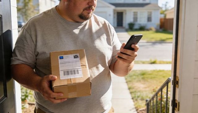 Delivery courier holding package and checking smartphone at suburban front door in sunlight