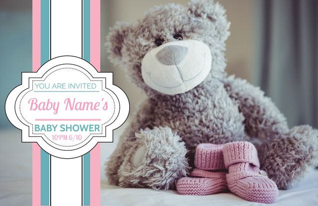 Cute Teddy Bear and Baby Booties Baby Shower Invitation - Download Free Stock Templates Pikwizard.com