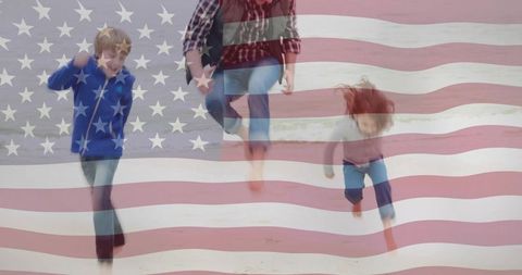 Family running on beach with american flag overlay celebrating patriotic joy