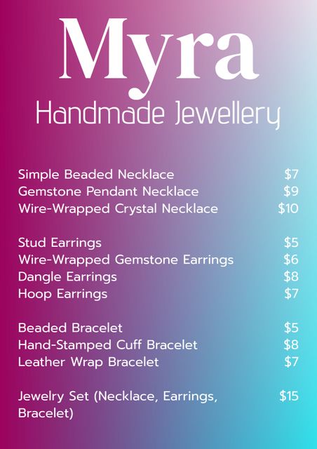 Price list for Myra Handmade Jewellery featuring various accessories on a gradient pink and blue background. Ideal for promoting a handmade jewelry business, creating marketing materials, or displaying product prices in retail or online stores.