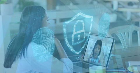 Businesswoman on Video Call with Digital Security Overlay