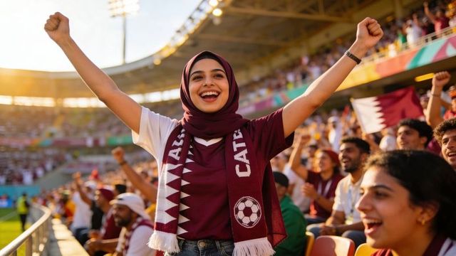Cheering qatari woman in maroon hijab raising arms during football match celebration