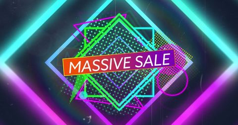 Vibrant neon geometric patterns highlight sales event