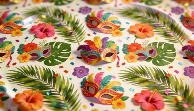 Vibrant tropical carnival masks with feathers hibiscus floral pattern party confetti