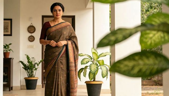 Standing indian woman in olive saree clasping hands facing camera on veranda with potted plants