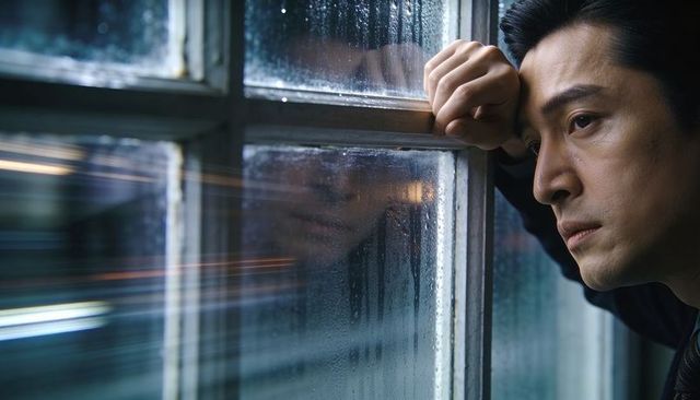Man leaning on rainy office window pressing head, reflecting and contemplating solitude