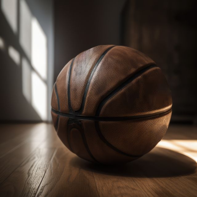 Basketball in basketball court with wooden floor, created using generative ai technology. Basketball, sports and competition concept digitally generated image.