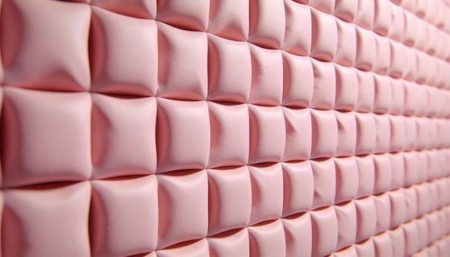 Soft pink quilted padded wall panels receding grid texture minimal repetitive pattern