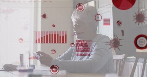 Senior woman using smartphone with digital health overlays