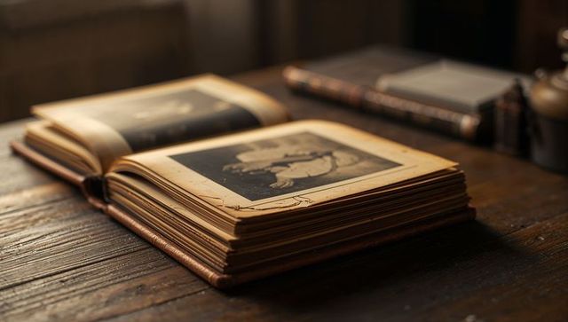 Resting antique sepia album on rustic wood table evoking leather-bound nostalgia