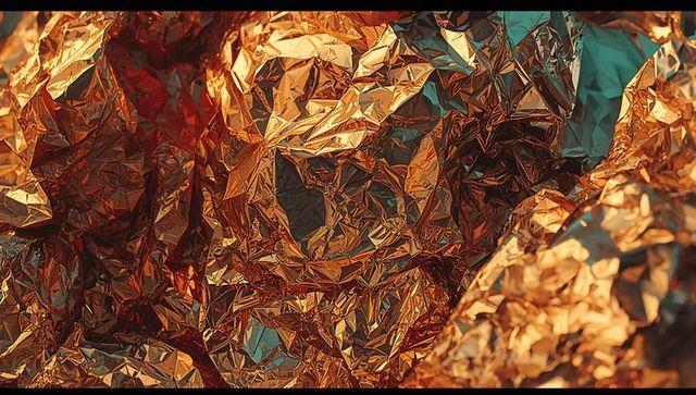 Crumpled metallic foil abstract with warm tones